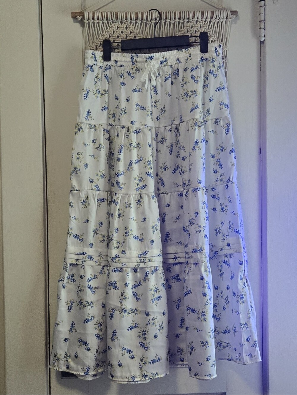 Time and Tru White Maxi Skirt with Blue Floral Print
